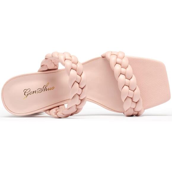 Pink Women's Square Open Toe Heels Braided Two Strap Heeled Sandals Wedding 11 - Picture 2 of 5